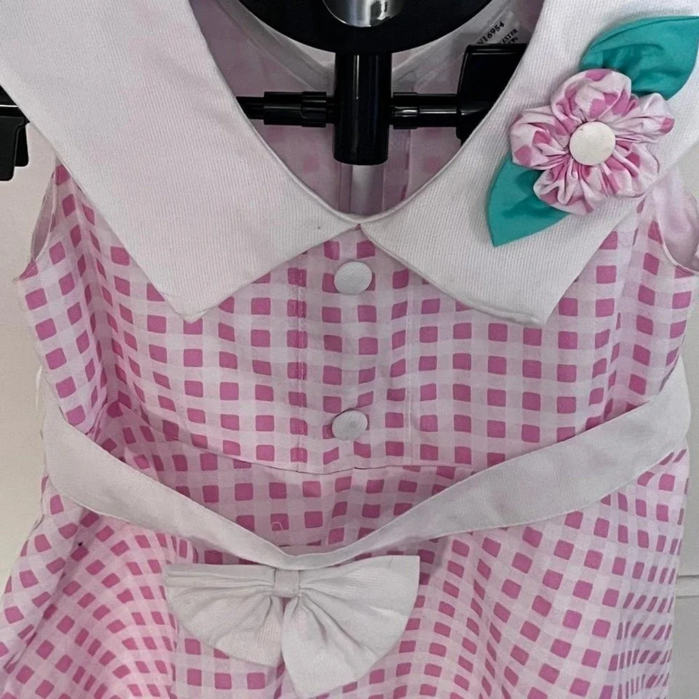 VTG Toddler Girl Dress Size 4 Pink Gingham Flower Applique Bow‎ Collar Thailand